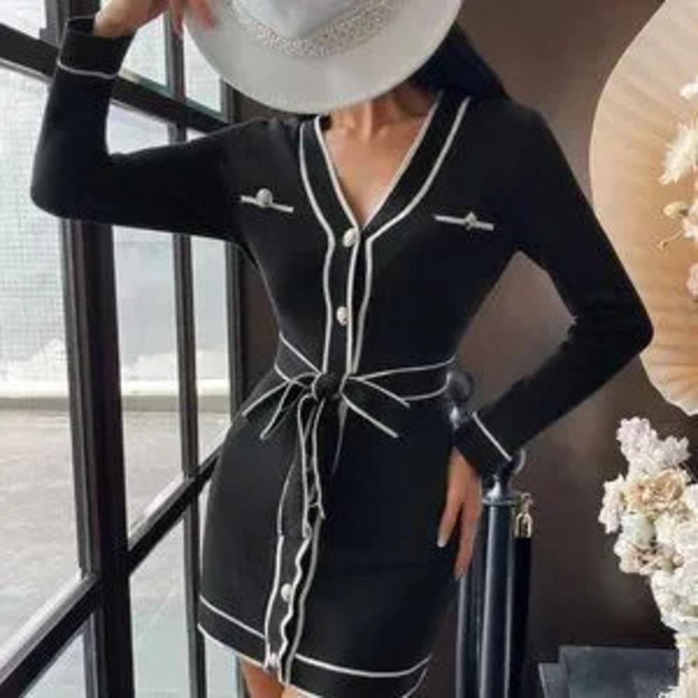 Black Preppy Womens Contrast Piping Belted Sweater Dress